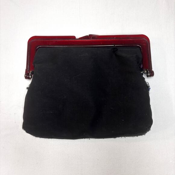 Vintage 1950s Tapestry Clutch Change Purse Kiss Lock Black Floral Lucite AS IS - Picture 9 of 16